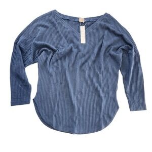 Albe Rita Waffle Knit V Neck Long Sleeve Tunic Top Blue Size Small